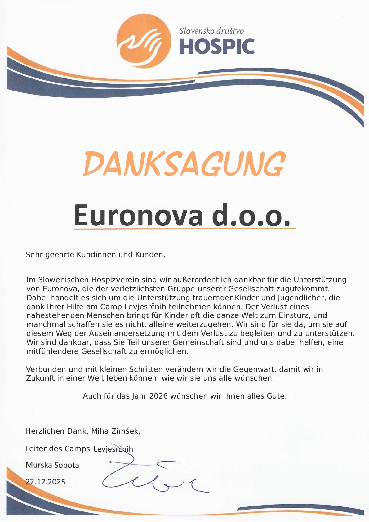 Dank an die Kunden und Lieferanten von Euronova d.o.o.